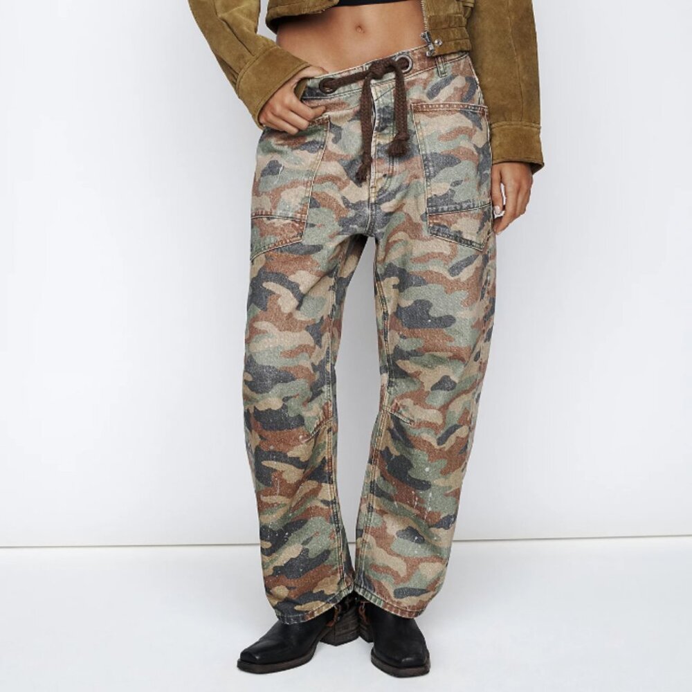 Free People Camo Utility Jeans in Green, Brown, Tan